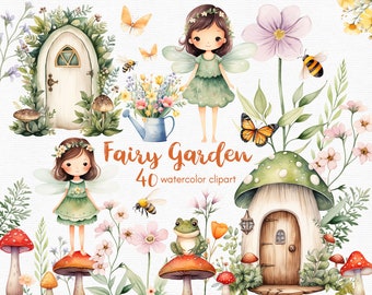 Peut inclure: Ensemble de clipart aquarelle représentant des fées, des champignons, des fleurs et une scène de jardin féerique. L'ensemble comprend 40 éléments individuels, parfaits pour créer des designs magiques.