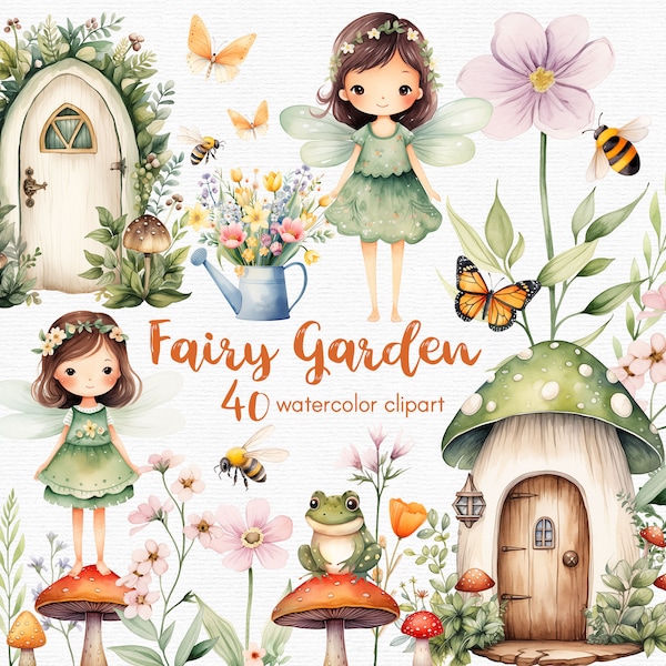 Fairy Garden Clipart, Wildflowers, honey bees and a frog, 40 png files with Transparent Background, red mushroom, INSTANT DOWNLOAD