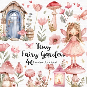 Clipart de borboleta, Clipart de jardim de fadas Flores clipart, 40 arquivos png com fundo transparente, cogumelo rosa, floral DOWNLOAD INSTANTÂNEO