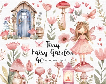 May include: A watercolour clipart set featuring a fairy with wings, a mushroom house, and various flowers and mushrooms. The set is titled "Tiny Fairy Garden 40 watercolour clipart".