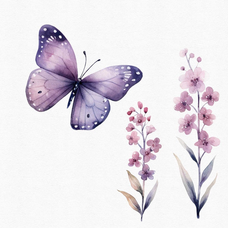 May include: A watercolor painting of a purple butterfly with delicate wings and a cluster of purple flowers with green stems.
