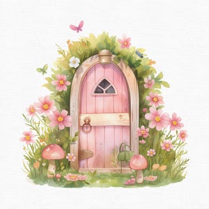 K&ouml;nnte beinhalten: Aquarellillustration einer Feent&uuml;r. Die rosa T&uuml;r mit einem kleinen Fenster ist von rosa Blumen, gr&uuml;nem Laub und Pilzen umgeben. Ein rosa Schmetterling flattert dar&uuml;ber und schafft eine bezaubernde M&auml;rchenlandschaft.