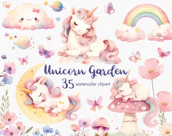 May include: Watercolor clipart set featuring unicorns, butterflies, rainbows, and flowers. The text "Unicorn Garden" and "35 watercolor clipart" are also included. The illustrations are in soft pastel colors, creating a whimsical and dreamy aesthetic.