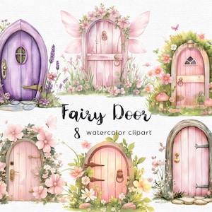 Clipart fée porte, jardin féerique des cliparts, 8 fichiers png avec fond transparent, champignon rose, floral