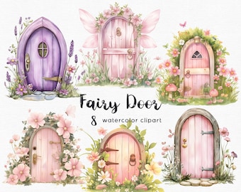 Fee Tür Clipart, Feen Garten Clipart, 8 Png Dateien mit transparentem Hintergrund, rosa Pilz, floral