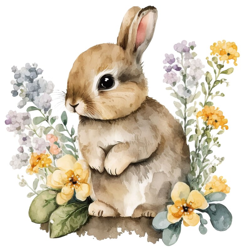 Watercolor Bunnies Clipart Bunny and Flowers Clip Art Rabbit - Etsy