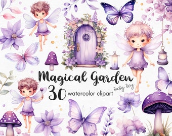 Schmetterling Clipart, Feengarten Clipart, Blumen Clipart, 30 Png-Dateien mit transparentem Hintergrund, lila Pilz, INSTANT DOWNLOAD