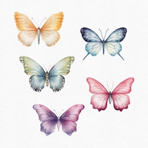 May include: Watercolor illustration of five butterflies in various colors. The butterflies include shades of orange, blue, green, pink, and purple. Each butterfly has detailed wing patterns and delicate antennae, set against a white background.