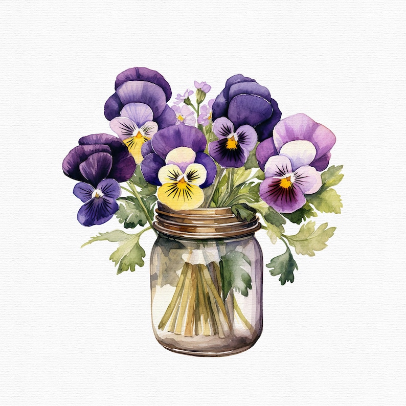 Akvarell penséer Clipart: 45 lila blommor PNG-filer (direkt nedladdning) bild 6
