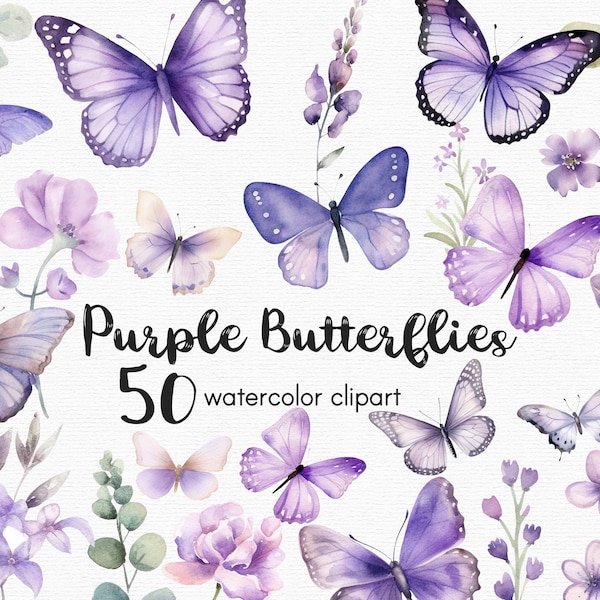 Purple Butterfly Clipart, Flowers clipart, 50 png files with Transparent Background, Spring Clipart, Garden Clipart, floral INSTANT DOWNLOAD