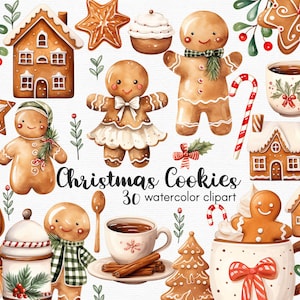 Watercolor Gingerbread Cookies, Christmas Clipart, 30 png files with Transparent Background, Instant download