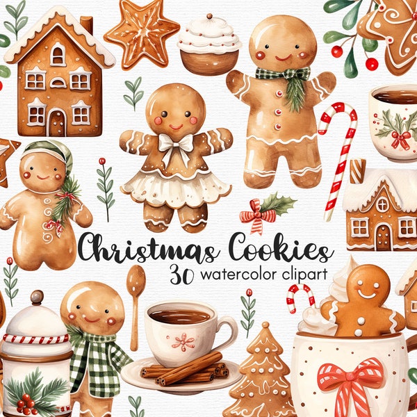 Biscotti di pan di zenzero dell'acquerello, clipart di Natale, 30 file png con sfondo trasparente, download immediato