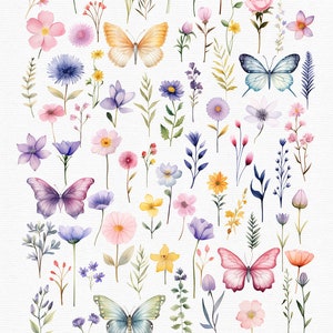 May include: Watercolor clipart of wildflowers and butterflies in various colors, including pink, purple, yellow, and blue. The image features 80 individual elements, with the word "Wildflowers" and the description "80 watercolor clipart and butterflies" at the bottom.