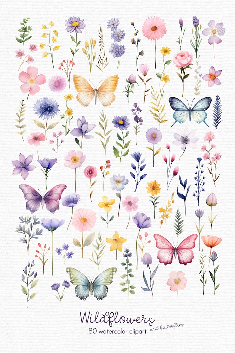 May include: Watercolor clipart of wildflowers and butterflies in various colors, including pink, purple, yellow, and blue. The image features 80 individual elements, with the word "Wildflowers" and the description "80 watercolor clipart and butterflies" at the bottom.