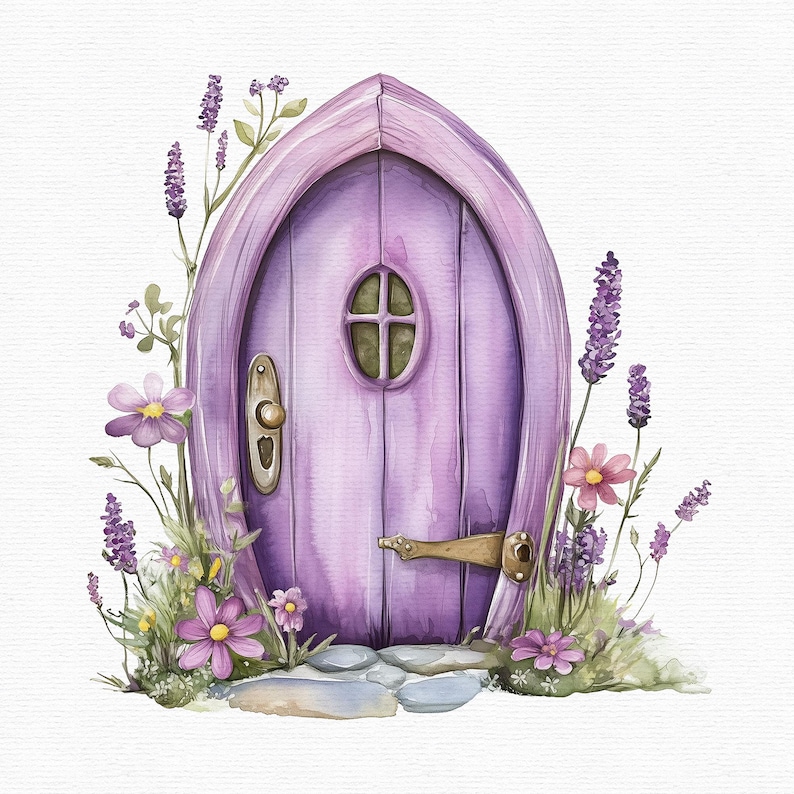 K&ouml;nnte beinhalten: Aquarellillustration einer skurrilen lila Feent&uuml;r mit gew&ouml;lbtem Oberteil und ovalem Fenster. Die T&uuml;r ist von Lavendel, rosa und gelben Blumen und gr&uuml;nem Laub umgeben. Die T&uuml;r hat einen Messinggriff und einen Riegel.