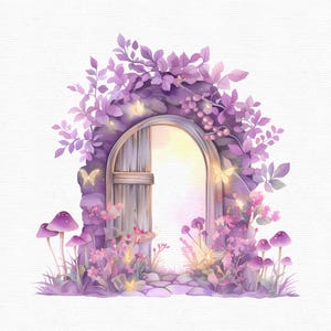 K&ouml;nnte beinhalten: Aquarellillustration eines skurrilen, gew&ouml;lbten T&uuml;rbogens. Die Holzt&uuml;r ist in einer Steinmauer eingelassen, umgeben von lila Bl&auml;ttern, Blumen und Pilzen. Goldene Schmetterlinge und sanftes Licht verleihen der Szene eine magische Note.