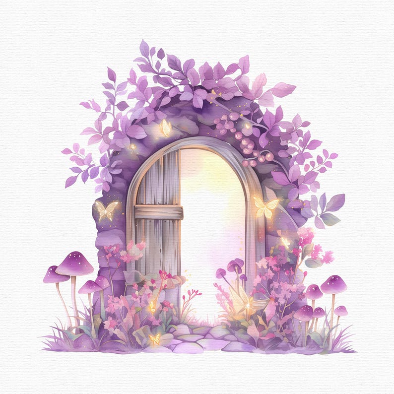 K&ouml;nnte beinhalten: Aquarellillustration eines skurrilen, gew&ouml;lbten T&uuml;rbogens. Die Holzt&uuml;r ist in einer Steinmauer eingelassen, umgeben von lila Bl&auml;ttern, Blumen und Pilzen. Goldene Schmetterlinge und sanftes Licht verleihen der Szene eine magische Note.