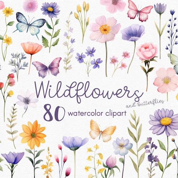 Wildflower Clipart, Flowers clipart, 80 png files with Transparent Background, Spring Clipart, Garden Clipart, floral INSTANT DOWNLOAD