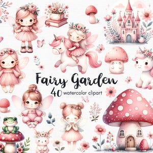 Farfalla fata rosa, Clipart, Clipart di fiori da giardino fatato, 40 file png con sfondo trasparente, fungo rosa, floreale