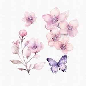 May include: Watercolor illustration of pink flowers and a purple butterfly. The flowers are arranged in a cluster and have delicate petals. The butterfly has wings with a detailed pattern.