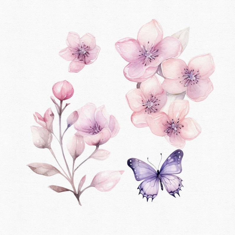 May include: Watercolor illustration of pink flowers and a purple butterfly. The flowers are arranged in a cluster and have delicate petals. The butterfly has wings with a detailed pattern.