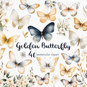 Gold und Blau Schmetterling Clipart, Blumen Clipart, 50 Png-Dateien mit transparentem Hintergrund, Frühling Clipart, Garten Clipart INSTANT DOWNLOAD