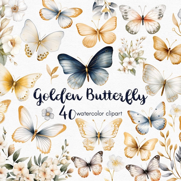 Gold and Blue  Butterfly Clipart, Flowers clipart, 50 png files with Transparent Background, Spring Clipart, Garden Clipart INSTANT DOWNLOAD