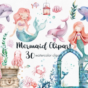 Clipart sirène, créatures sous-marines Dauphin Clipart océan, 30 fichiers png avec fond Transparent, téléchargement immédiat