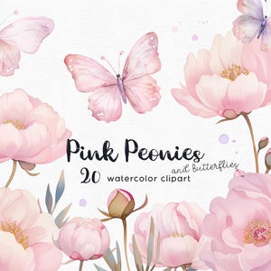 Clipart pivoines roses et papillons, fleurs clipart, 20 fichiers png avec fond transparent, clipart printemps, téléchargement immédiat