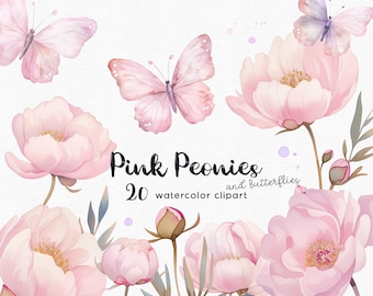 Pink Peonies and Butterflies Clipart, Flowers clipart, 20 png files with Transparent Background, Spring Clipart, INSTANT DOWNLOAD