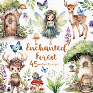 Feengarten Clipart, Blumen Clipart mit einem Faun und einer Schnecke, 45 Dateien mit transparentem Hintergrund, roter Pilz, INSTANT DOWNLOAD