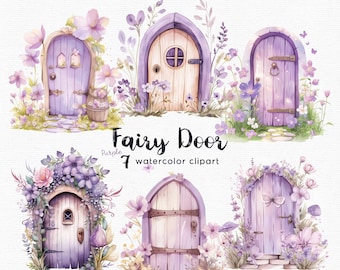 May include: Seven watercolor illustrations of purple fairy doors with floral embellishments. Each door has a unique design and is surrounded by flowers and greenery.