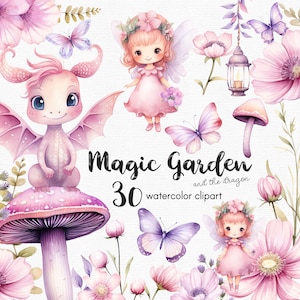 Clipart papillon fée rose, clipart jardin féerique, fleurs clipart, 30 fichiers png avec fond transparent, champignon rose, clipart Dragon