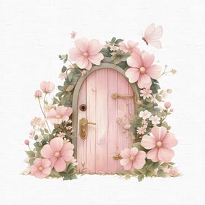 K&ouml;nnte beinhalten: Eine bezaubernde Illustration einer rosa Feent&uuml;r, geschm&uuml;ckt mit &uuml;ppigen rosa Blumen und gr&uuml;nem Laub. Ein zarter Schmetterling schwebt in der N&auml;he. Die T&uuml;r hat einen Messinggriff und ein Schl&uuml;sselloch und schafft eine m&auml;rchenhafte Szene.