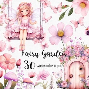 Pink fairy butterfly, Clipart, Fairy Garden Clipart Flowers clipart, 30 png files with Transparent Background, pink mushroom, floral