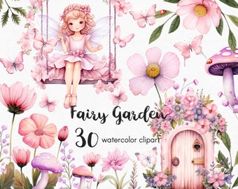 Rosa Fee Schmetterling, Clipart, Fee Garten Clipart, Blumen Clipart, 30 Dateien mit transparentem Hintergrund, rosa Pilz, floral