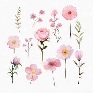 May include: Watercolor illustration of various pink flowers and green leaves on a white background. The image features a collection of different floral arrangements, including a peony, daisies, and other delicate blossoms. The artwork has a soft, artistic style.