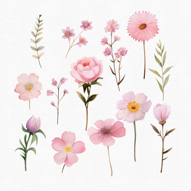 May include: Watercolor illustration of various pink flowers and green leaves on a white background. The image features a collection of different floral arrangements, including a peony, daisies, and other delicate blossoms. The artwork has a soft, artistic style.