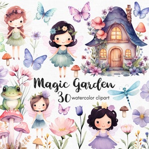 Fée papillon, clipart, clipart fleurs féerique jardin, 30 fichiers png avec fond transparent, champignon rose, floral