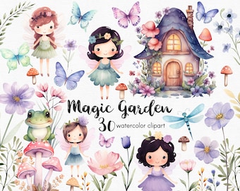 Fairy butterfly, Clipart, Fairy Garden Clipart Flowers clipart, 30 png files with Transparent Background, pink mushroom, floral