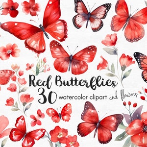 Rode vlinder clipart, bloemen clipart, 30 png-bestanden met transparante achtergrond, lente clipart, tuin clipart, bloemen INSTANT DOWNLOAD