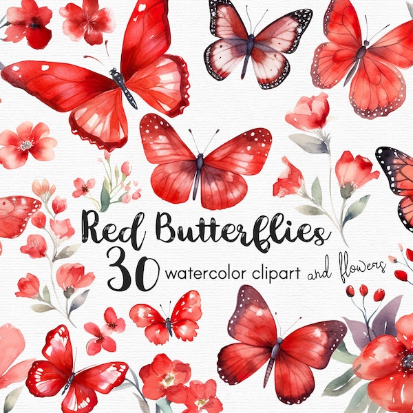 Red Butterfly Clipart, Flowers clipart, 30 png files with Transparent Background, Spring Clipart, Garden Clipart, floral INSTANT DOWNLOAD