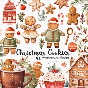 Galletas de jengibre de acuarela, clipart navideño, 40 archivos png con fondo transparente, descarga instantánea