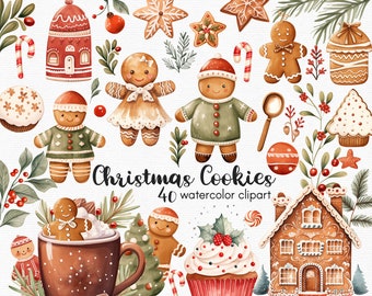 Akvarell pepparkakor, jul Clipart, 40 png-filer med transparent bakgrund, omedelbar nedladdning