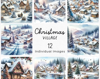 Clipart del villaggio invernale, 12 paesaggi natalizi, immagini PNG Clip art, Junk Journal, DOWNLOAD IMMEDIATO