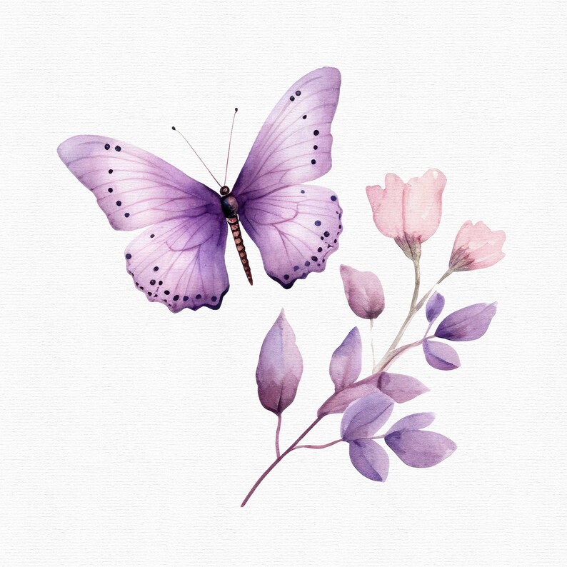 May include: A watercolor painting of a purple butterfly with delicate wings and a pink flower with green leaves.