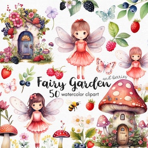Clipart fleurs jardin féerique, 50 fichiers png avec fond Transparent, maison champignon et porte de fée, téléchargement immédiat