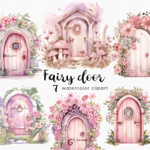 Clipart porte fée, jardin de fées, 7 fichiers png avec fond transparent, champignon rose, floral