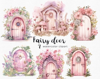 May include: Seven watercolor illustrations of fairy doors with floral embellishments. Each door is a different design with a pink, white, and green color scheme. The text "Fairy door" and "7 watercolor clipart" is included in the image.
