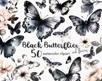 Black Butterfly Clipart, Flowers clipart, 50 png files with Transparent Background, Spring Clipart, Gothic Clipart, floral INSTANT DOWNLOAD